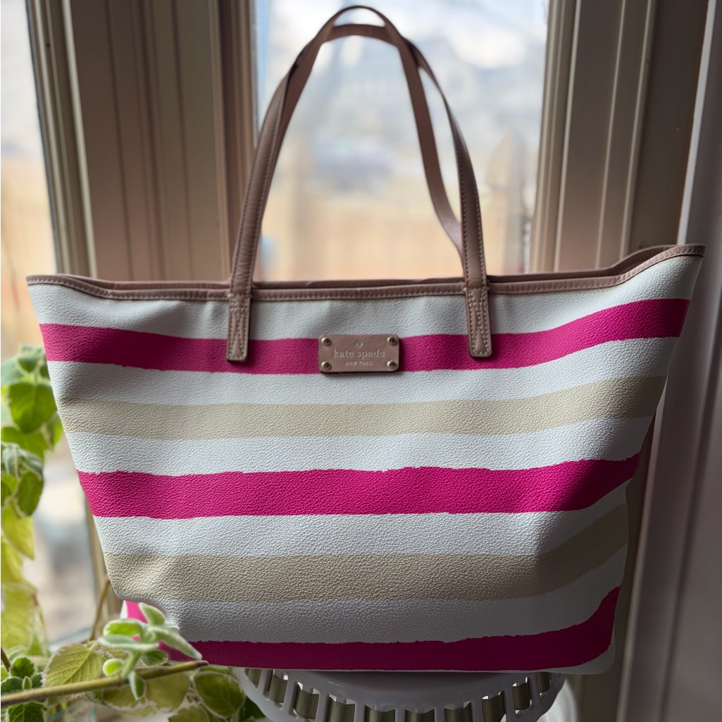 Kate Spade Pink And Cream Stripped Large Bondi Bag